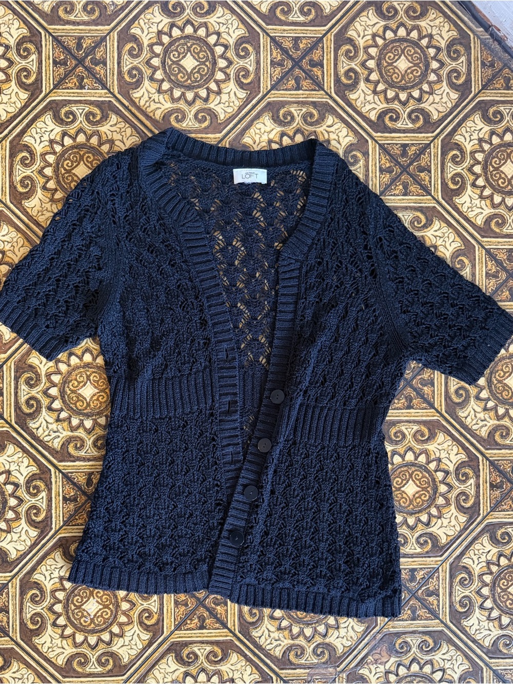 LOFT Black Short-Sleeve Openwork Knit Cardigan